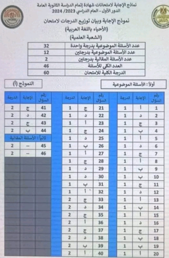 نموذج اجابة امتحان احياء